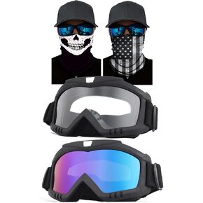 2Pcs Bike Goggles with 2Pcs Neck Gaiter, Motorcycle Goggles ATV Goggles Riding Goggles Ski Goggles Windproof Glasses Racing Goggles, Black Frame Colorful-Clear Lens+Skull&Flag Face Mask