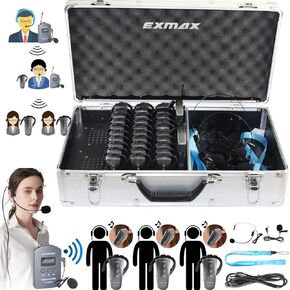 EXMAX EX-200E UHF نظام الدليل السياحي اللاسلكي لنقل الصوت الترجمة الفورية لترجمة الكنيسة والعبادة مجموعة الترجمة الفورية (2 جهاز إرسال و30 جهاز استقبال وحقيبة شحن 32 فتحة)