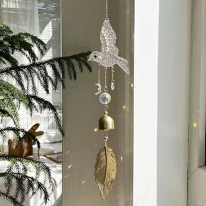 Bird Hanging Bell Window Garden Wind Chime Hanging Bell Tree Hanging Chandelier Decoration Wind Chime with Gold Plated Leaf Bell for Home Window Decoration