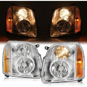 HECASA Pair Headlights Compatible with 2007-2014 GMC Yukon Denali XL1500 2500 SUV Replacement for GM2503318 GM2502318 20969897 20969896 Halogen Headlamp w/Bulbs Clear Lens + Chrome Housing