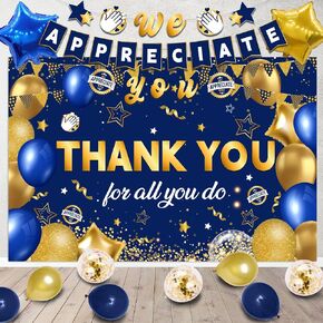 We Appreciate You Banner Decorations, Blue Gold We Appreciate You Banner and Thank You for All You Do Backdrop Employee Staff Teacher Doctor Retirement for Thanks Party Supplies