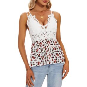 Women Summer V-Neck Lace Cami Peplum Top Spaghetti Strap Sleeveless Lace Tank Top