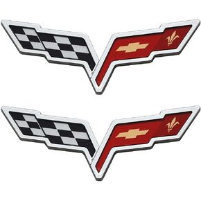 Pair Set C6 Corvette Emblem 2005-2013 Front Hood Rear Crossed Flags Badge Sticker Replacement for Corvette Chrome Red Black