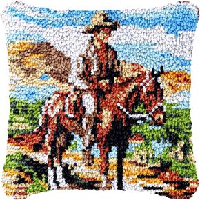 Western Cowboy on Horse Latch Hook Pillow Kit for Adults Throw Pillow Cover with Printed Canvas DIY Hook Crochet Yarn Needle Craft Easy Handmade Cushion for Home Sofa Decoration 43x43cm(2)