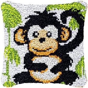 Monkey Latch Hook Pillow Cover Kits for DIY Handmade Throw Pillow Cross Stitch Latch Hook Pillowcase Rug Cushion Kits with Preprinted Canvas Crochet Yarn Kits Needlework 17'' X 17''