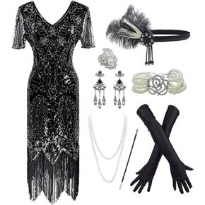 IWIWB 1920s Sequin Vintage Dress Beaded Gatsby Flapper Dress with Accessories Set