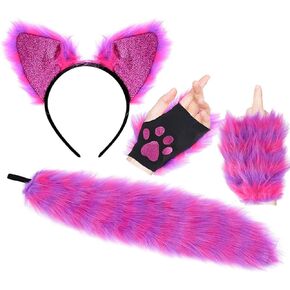 Halloween Cosplay Costume Wolf Cat Ears and Fox Tail Set Furry Faux Fur Headband Plush Paw Gloves Xmas Party Accessories Kit
