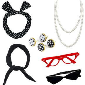 Womens 50's Costume Accessories 1950's Chiffon Scarf Cat Eye Glasses BandanaTie Headband Drop Dot Earrings