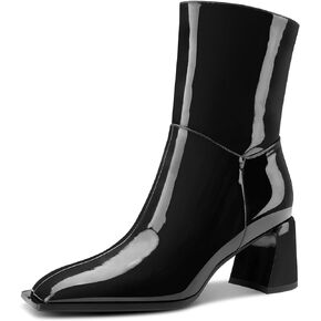 Aachcol Womens GoGo Boots Square Toe Block Mid Heel Elastic Ankle Boots Mid Calf Side Zipper Patent Leather Short Booties