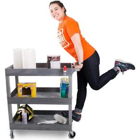 Stand Steady Tubstr 3 Shelf Utility Push Cart Supports Up to 300 lbs - Heavy-Duty Plastic Service Cart Great for Offices, Warehouse Storage, Garage Tools, and Kitchen Cleaning (Grey, 32 x 18)