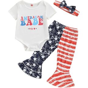 My First 4th Of July Baby Girl Outfit Newborn Letter Tee Romper Stars And Stripes Flare Pants Sets Cute Clothes in Kuwait