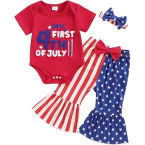 My First 4th Of July Baby Girl Outfit Newborn Letter Tee Romper Stars And Stripes Flare Pants Sets Cute Clothes