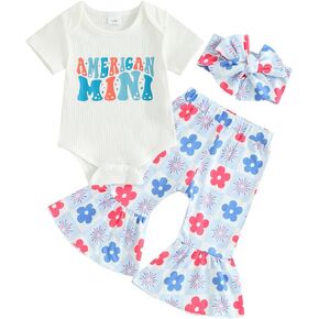 Ayalinggo 4th of July Baby Girl Outfits Ribbed Usa Romper Shirt Top Red Blue Pants Sets Newborn Fourth of July Clothes