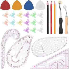 Keadic 33Pcs Clear Metric Sewing Ruler Set Contains French Curve Pattern Making Ruler, Plastic Clips, Triangle Tailors Chalk, 4mm and 2mm Tracing Wheel for Beginners