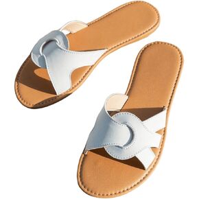 SweatyRocks Women's Open Toe Strappy Flat Sandals PU Leather Colorblock Solid Slip on Slides