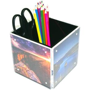 HESIN 4-side Acrylic Photo Block Cube Tabletop Pen holder Desktop Storage Organizer for Office, Classroom, Home, Kids, Picture Frame for 5" x5" photo size