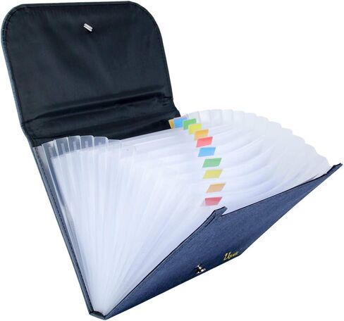 Uquelic 13Pockets Canvas Oxford Expanding File Folder - Waterproof A4 Business Expandable Document Organizer with Labels/Letter Size Accordion File Storage Simple Style Briefcase Bag (Blue) in Saudi Arabia
