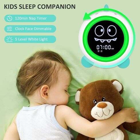 Kids Alarm Clock, Toddler Sleep Training Clock with Sound Machine, Night Lights, Ok to Wake Dinosaur Clock, Gift Ideas for Kids Child (Green) in Kuwait