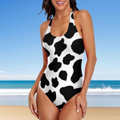 Women One Piece Swimsuit Cross Back Cow Print Bathing Suits Athletic Modest Swimwear in Saudi Arabia