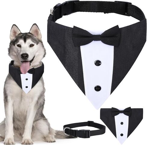 طوق باندانا لحفلات الزفاف مع ربطة عنق - أزياء رسمية للكلاب قابلة للتعديل، هدايا عيد ميلاد وحفلات الخطوبة للكلاب الصغيرة والمتوسطة والكبيرة والحيوانات الأليفة باللون الأسود-S in Kuwait