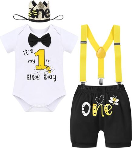ODASDO Baby Boy Bee Theme First Birthday Cake Smash Outfit Romper Suspenders Shorts Headwear 4pcs Set in Saudi Arabia