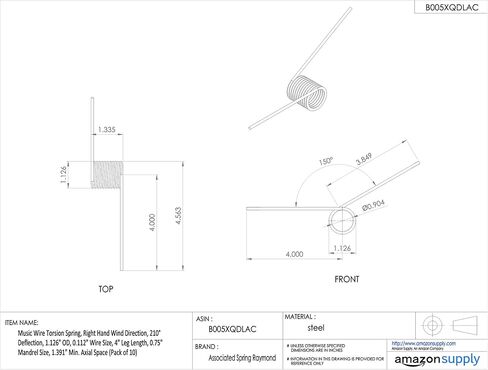Music Wire Torsion Spring, Right Hand Wind Direction, 210° Deflection, 1.126" OD, 0.112" Wire Size, 4" Leg Length, 0.75" Mandrel Size, 1.391" Min. Axial Space (Pack of 10) in Kuwait