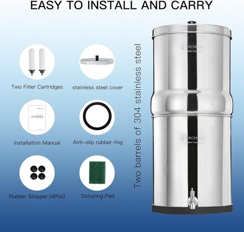 Gravity-Fed Water Filter System, NSF/ANSI 42&372 Standard, 3.25G Stainless-Steel Countertop System with 2 Black Elements, 2 Fluoride, Metal Water Level Spigot, Reduces Fluoride and Chlorine in Saudi Arabia