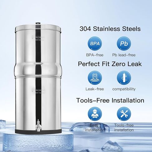 Gravity-Fed Water Filter System, NSF/ANSI 42&372 Standard, 3.25G Stainless-Steel Countertop System with 2 Black Elements, 2 Fluoride, Metal Water Level Spigot, Reduces Fluoride and Chlorine in Saudi Arabia