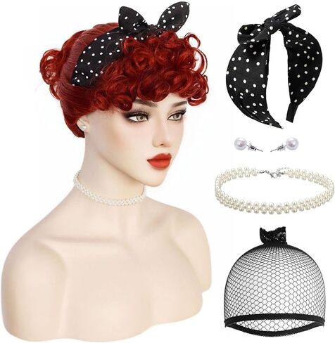 شعر مستعار برتقالي من JoneTing، + 1 قبعة شعر مستعار + 1 عصابة رأس + 1 أقراط + 1 قلادة، شعر مستعار ربة منزل في الخمسينيات للنساء زي شعر مستعار بني مجعد للنساء لحفلات الهالوين in Kuwait