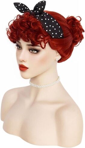 شعر مستعار برتقالي من JoneTing، + 1 قبعة شعر مستعار + 1 عصابة رأس + 1 أقراط + 1 قلادة، شعر مستعار ربة منزل في الخمسينيات للنساء زي شعر مستعار بني مجعد للنساء لحفلات الهالوين in Kuwait