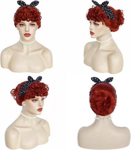 شعر مستعار برتقالي من JoneTing، + 1 قبعة شعر مستعار + 1 عصابة رأس + 1 أقراط + 1 قلادة، شعر مستعار ربة منزل في الخمسينيات للنساء زي شعر مستعار بني مجعد للنساء لحفلات الهالوين in Kuwait