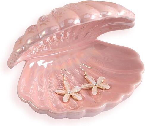 Ceramic Shell Jewelry holder Ring/Earring/Necklace Dish Tray Coastal Beach Seashell décor, Decorative Jewelry Organizer (Pink) in Saudi Arabia