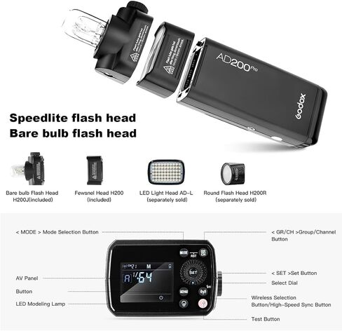 Godox AD200Pro 200W Flash Strobe,Outdoor Studio Flash Support 2.4G Wireless,1/8000 HSS, 500 Full Power Flashes, 0.01-1.8s Recycling with Bare Bulb/Speedlite Fresnel Flash Head Pocket Flash Monolight in Saudi Arabia