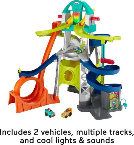 Fisher-Price Little People Toddler Playset Launch & Loop Raceway Race Track with Lights Sounds & 2 Toy Cars for Ages 18+ Months (Amazon Exclusive) in Saudi Arabia