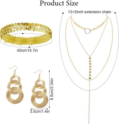 6 Pieces 70s Gold Disco Accessories Set for Women 1970s Disco Costume Accessory Dangle Earrings Layered Necklace Bangle Bracelets Diamond Glasses Sequin Headband for Party Halloween Cosplay in Kuwait