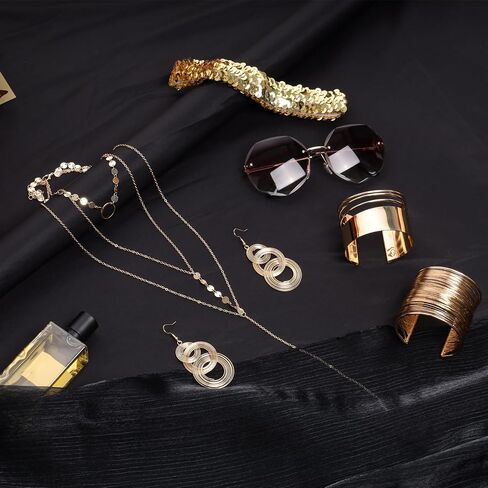 6 Pieces 70s Gold Disco Accessories Set for Women 1970s Disco Costume Accessory Dangle Earrings Layered Necklace Bangle Bracelets Diamond Glasses Sequin Headband for Party Halloween Cosplay in Kuwait