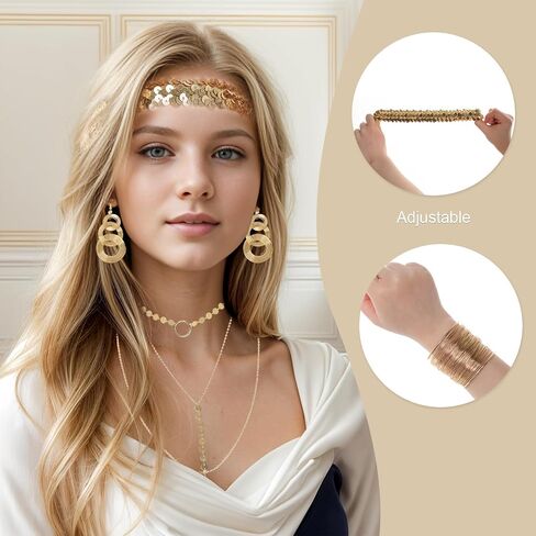 6 Pieces 70s Gold Disco Accessories Set for Women 1970s Disco Costume Accessory Dangle Earrings Layered Necklace Bangle Bracelets Diamond Glasses Sequin Headband for Party Halloween Cosplay in Kuwait
