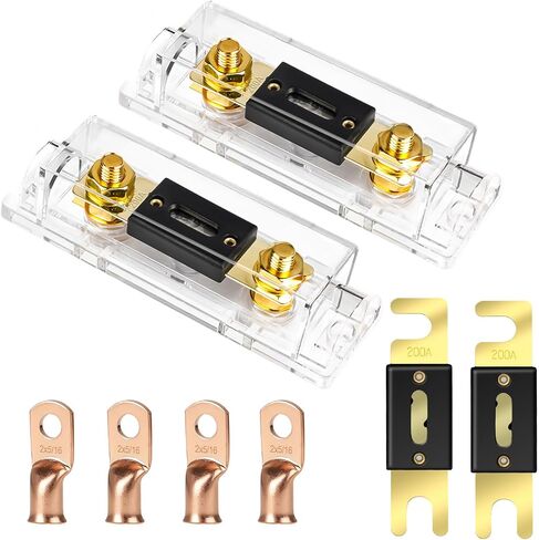 Linkstyle 4 قطع 200 أمبير مطلية بالذهب ANL فيوز مع 2 قطعة من حاملات الصمامات + 4 قطع 2AWG طرف حلقي نحاسي مناسب لوحدة التحكم في الحماية 1/0,2,4AWG المستخدمة لصوت السيارة وغيرها من تطبيقات التيار العالي in Saudi Arabia