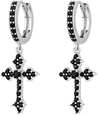 JINAO الأسود الصليب هوب أقراط متدلية 14K الفضة 5A + أسود مكعب زركونيا الغضروف الفضة الاسترليني الصليب استرخى انخفاض الأقراط للرجال النساء هيبوالرجينيك in Kuwait