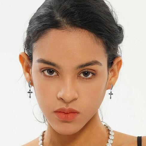 JINAO الأسود الصليب هوب أقراط متدلية 14K الفضة 5A + أسود مكعب زركونيا الغضروف الفضة الاسترليني الصليب استرخى انخفاض الأقراط للرجال النساء هيبوالرجينيك in Kuwait