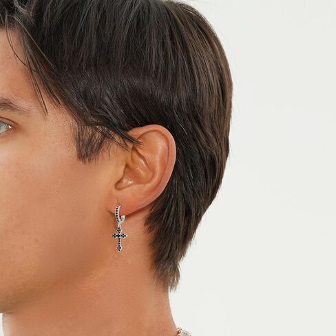 JINAO الأسود الصليب هوب أقراط متدلية 14K الفضة 5A + أسود مكعب زركونيا الغضروف الفضة الاسترليني الصليب استرخى انخفاض الأقراط للرجال النساء هيبوالرجينيك in Kuwait