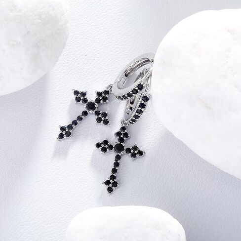 JINAO الأسود الصليب هوب أقراط متدلية 14K الفضة 5A + أسود مكعب زركونيا الغضروف الفضة الاسترليني الصليب استرخى انخفاض الأقراط للرجال النساء هيبوالرجينيك in Kuwait