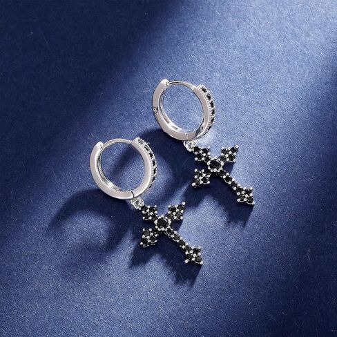 JINAO الأسود الصليب هوب أقراط متدلية 14K الفضة 5A + أسود مكعب زركونيا الغضروف الفضة الاسترليني الصليب استرخى انخفاض الأقراط للرجال النساء هيبوالرجينيك in Kuwait