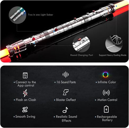 DAMIENSABER ترقية RGB3.0 شفرات مزدوجة ناعمة متأرجحة خفيفة، سيف مبارزة للتحكم في الحركة 16 خطًا صوتيًا خفيفًا مع لون لا نهائي و16 لونًا صلبًا، مقبض معدني للبالغين in Kuwait