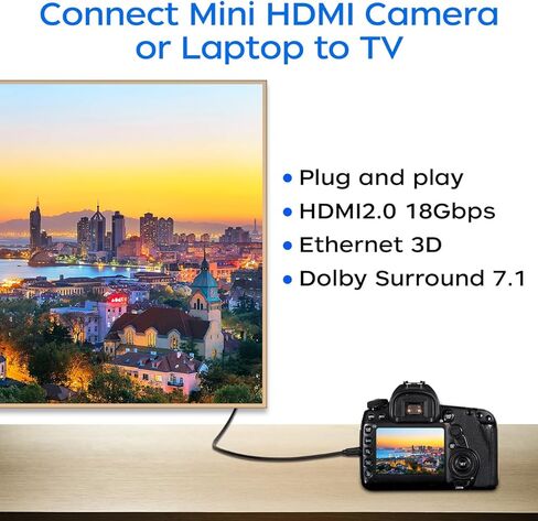 كابل HDMI صغير إلى HDMI بطول 6 أقدام، 2 حزمة HDMI إلى محول HDMI ثنائي الاتجاه عالي السرعة للتلفزيون عالي الدقة والكمبيوتر اللوحي والكاميرا وكاميرا الفيديو وبطاقة الرسومات، Raspberry Pi Zero W، Sony، Nikon Z6، Canon EOS in Kuwait