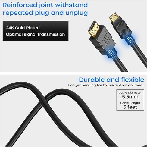 كابل HDMI صغير إلى HDMI بطول 6 أقدام، 2 حزمة HDMI إلى محول HDMI ثنائي الاتجاه عالي السرعة للتلفزيون عالي الدقة والكمبيوتر اللوحي والكاميرا وكاميرا الفيديو وبطاقة الرسومات، Raspberry Pi Zero W، Sony، Nikon Z6، Canon EOS in Kuwait
