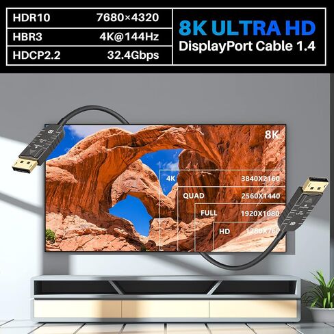منفذ عرض ألياف ضوئية 8K 1.4 كابل 50 قدمًا، كابل DP بصري نشط إلى DP يدعم 8K@60 هرتز 4K@144 هرتز 2K، 32.4 جيجابت في الثانية، HBR3، HDCP2.2، HDR، سماعة رأس VR، رسومات، سلك منفذ عرض نحيف ومرن in Kuwait