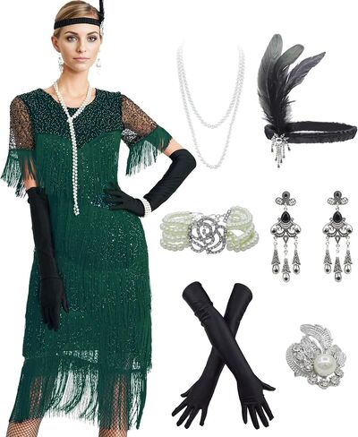 IWIWB 1920s Sequin Vintage Dress Beaded Gatsby Flapper Dress with Accessories Set in Saudi Arabia