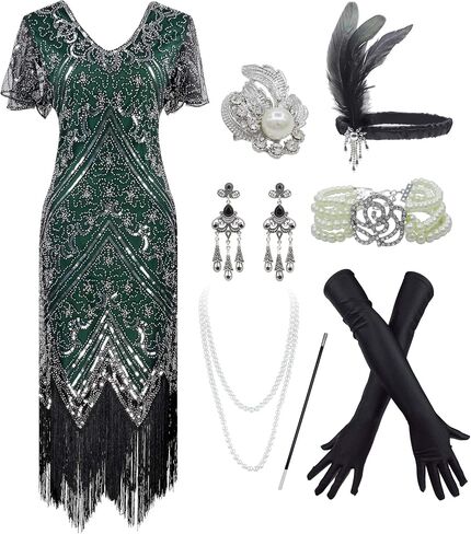 IWIWB 1920s Sequin Vintage Dress Beaded Gatsby Flapper Dress with Accessories Set in Saudi Arabia