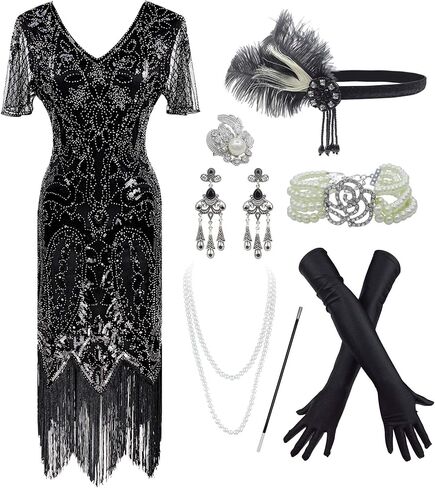 IWIWB 1920s Sequin Vintage Dress Beaded Gatsby Flapper Dress with Accessories Set in Saudi Arabia